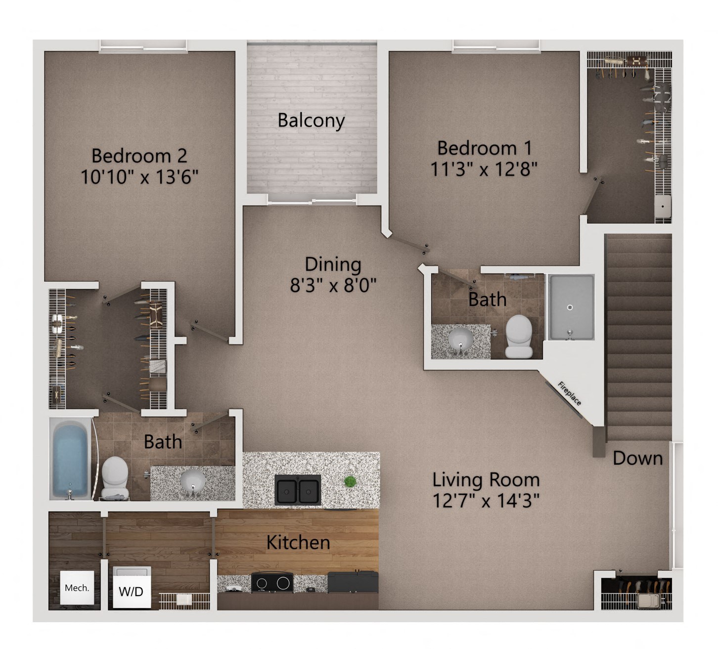 Floor plan for 2 beds, 2 baths, 1118 sqft